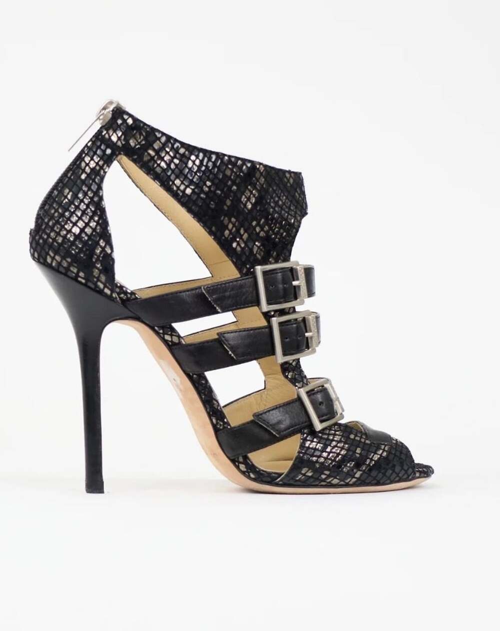 Jimmy Choo Black Snakeskin and Leather Buckled Cut-Out Stiletto Heels